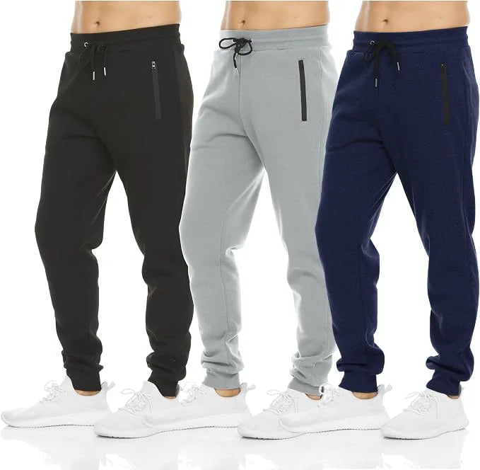 HUGE HILL 3 Pack Men's Fleece Lined Joggers Loose Fit Wide Leg Sweatpants with Zip Pockets S-3XL