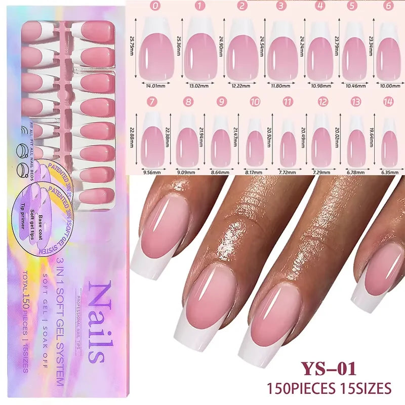 150Pcs/Box Acrylic Press on Nails Full Cover Fake False Tips Soft Gel Extension T-shaped Oval Capsule Almond Sculpted Salon DIY