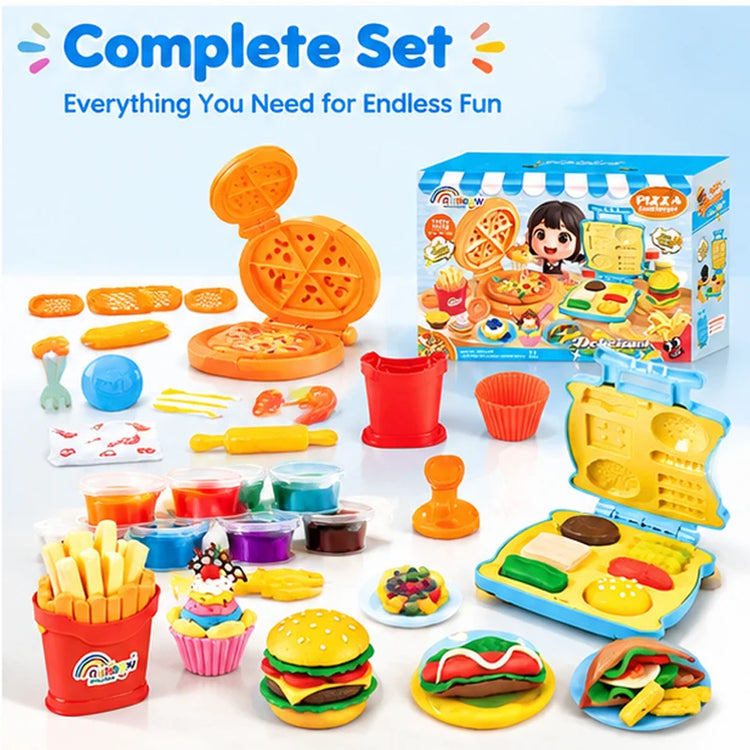 Play Dough Toys Series 12 Colors Pizza Burger Maker Play Dough Kit Kitchen Fast Food Modeling Clay Molds Set Kids Birthday Gift