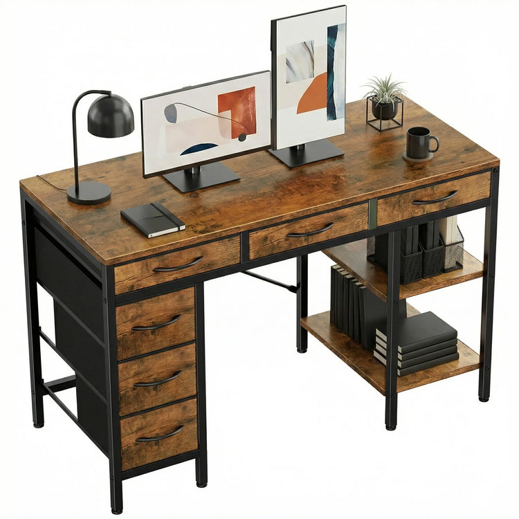 MCQ 47 Inch Office Computer Desk With 6 Fabric Drawers Standing Ergonomic Gaming Desk With Storage Shelves Reversible Gaming Desk For Home Office Small Space