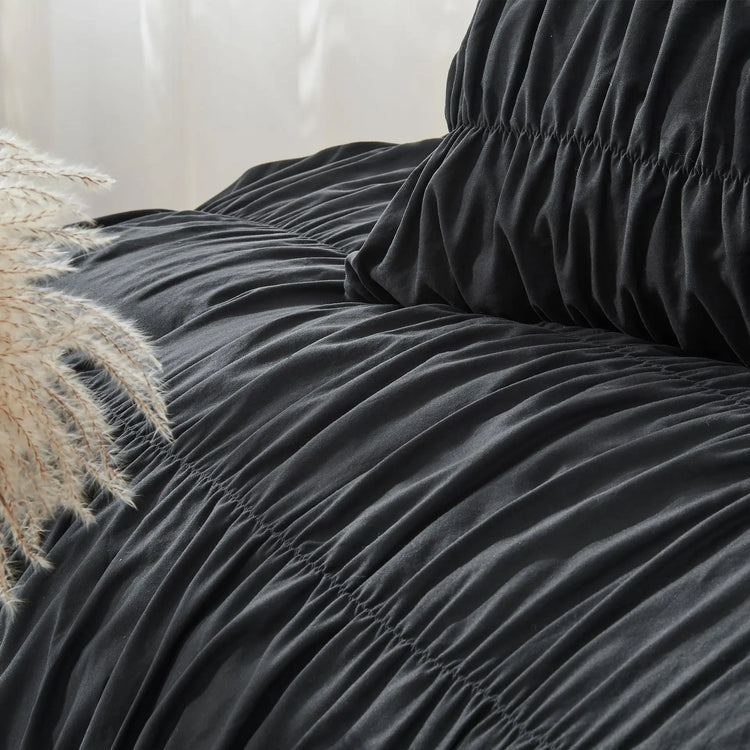 Ruched Black Duvet Cover Soft and Luxury Twin Queen King Comforter Cover Boho Shabby Chic Bedding Set - Fluffy 2/3 Piece Set