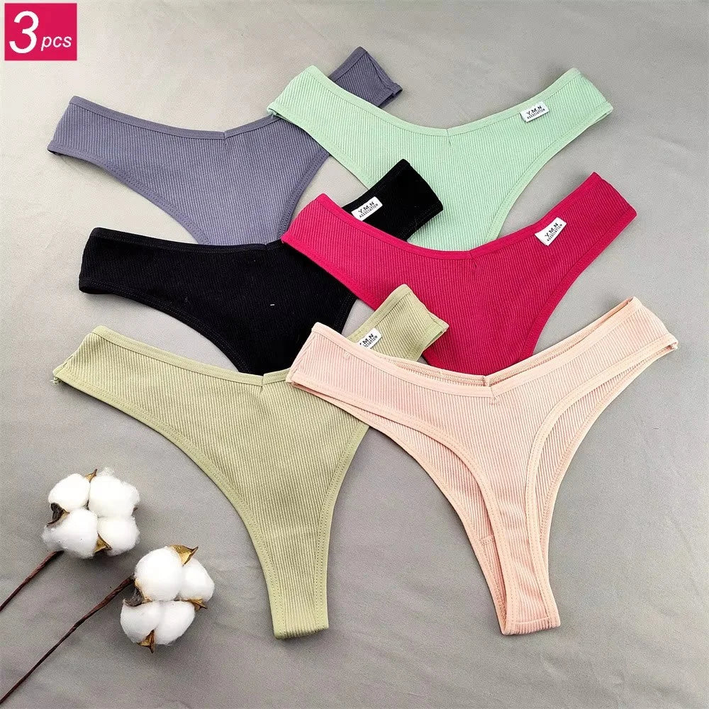 3pcs/pack Ribbed Cotton Thong Underwear Women V-Waist Solid Color Low Rise V-String Female Soft Intimates Lingerie