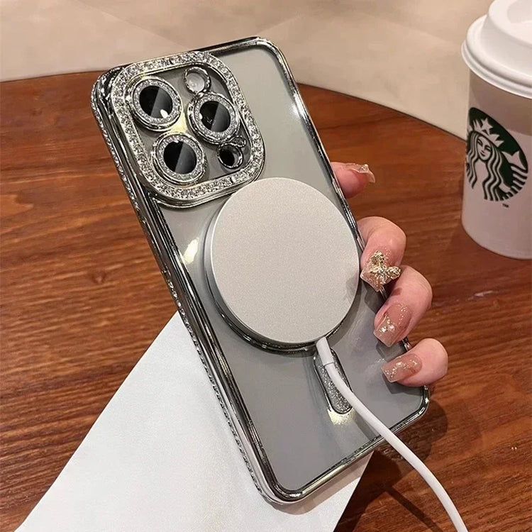 Fashion Glitter Diamond Transparent Case For iPhone 18 17 16 15 14 13 11 12 Pro Max Funda Magnetic Wireless Charger Bumper Cover