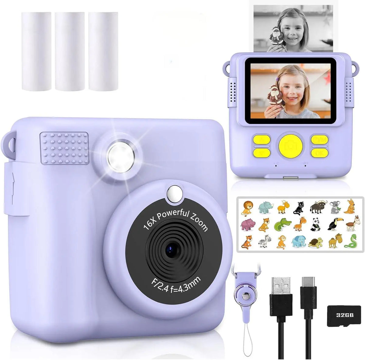 1080P HD Video Camera Portable Instant Print Camera for Kids with 3 Rolls Photo Paper and 32GB Card Perfect Toy Toddlers