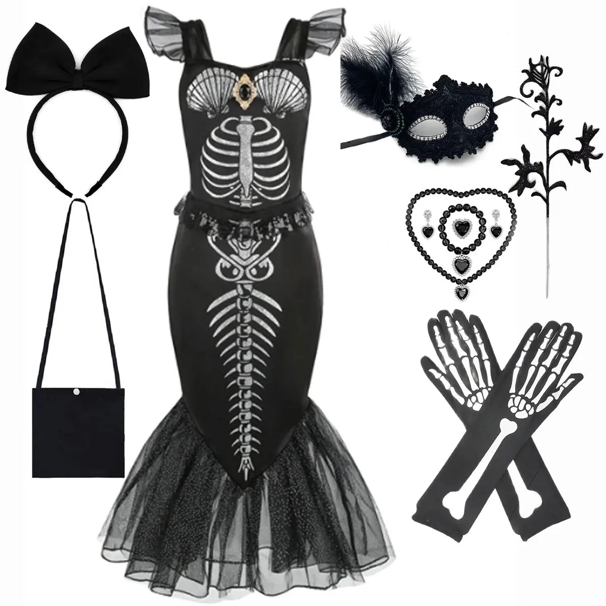 New Skeleton Little Mermaid Halloween Horror Costume Ariel Princess Costume Kids Birthday Party Prom Dress For Girls