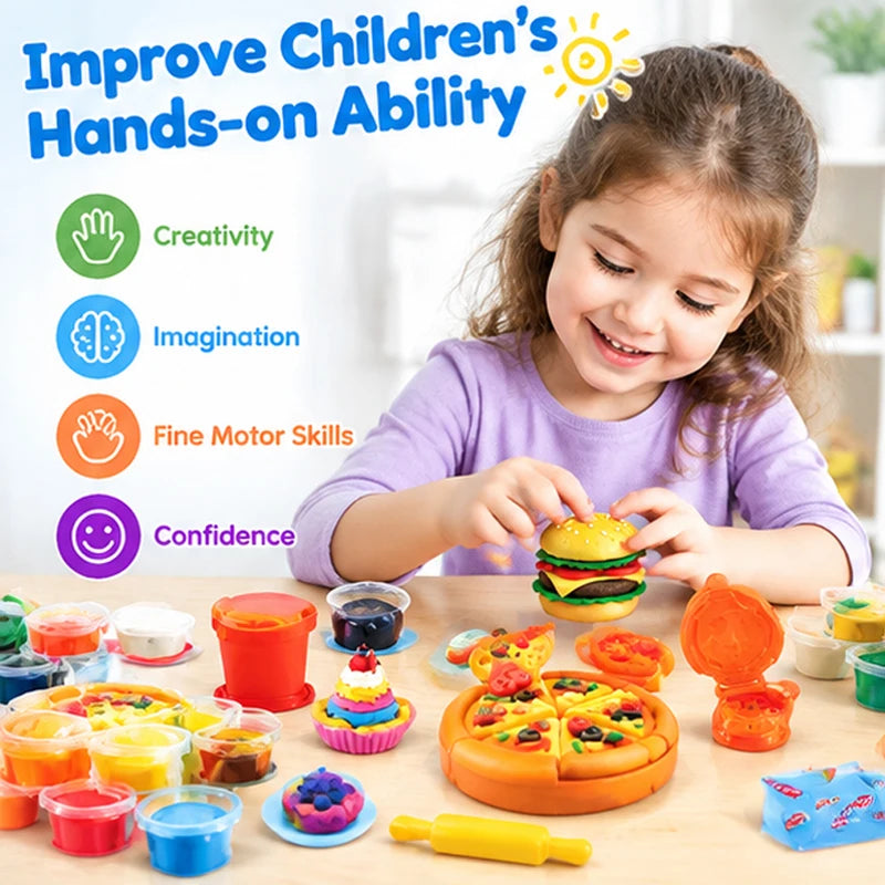 Play Dough Toys Series 12 Colors Pizza Burger Maker Play Dough Kit Kitchen Fast Food Modeling Clay Molds Set Kids Birthday Gift