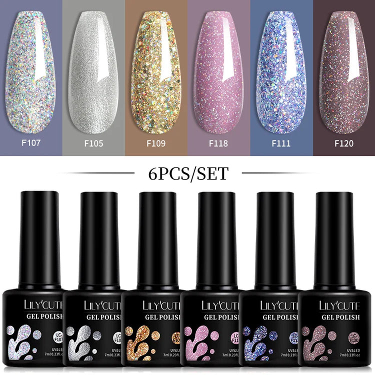 LILYCUTE 6Pcs 7ML Gel DIY Nails Polish Set Bright Pink Nail Charms Soak Off UV LED Gel Varnish Nail Art Design Accessories