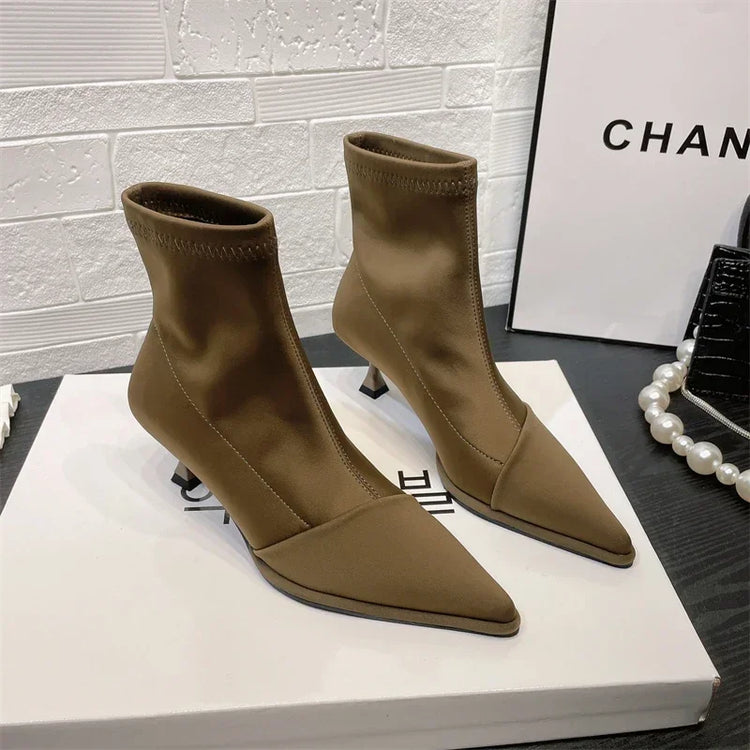 Ladies Shoes Elegant High Thin Heel New Satin Pointed Toe Short Boots Women Stretchce Temperament Ankle Boots Short Elegance