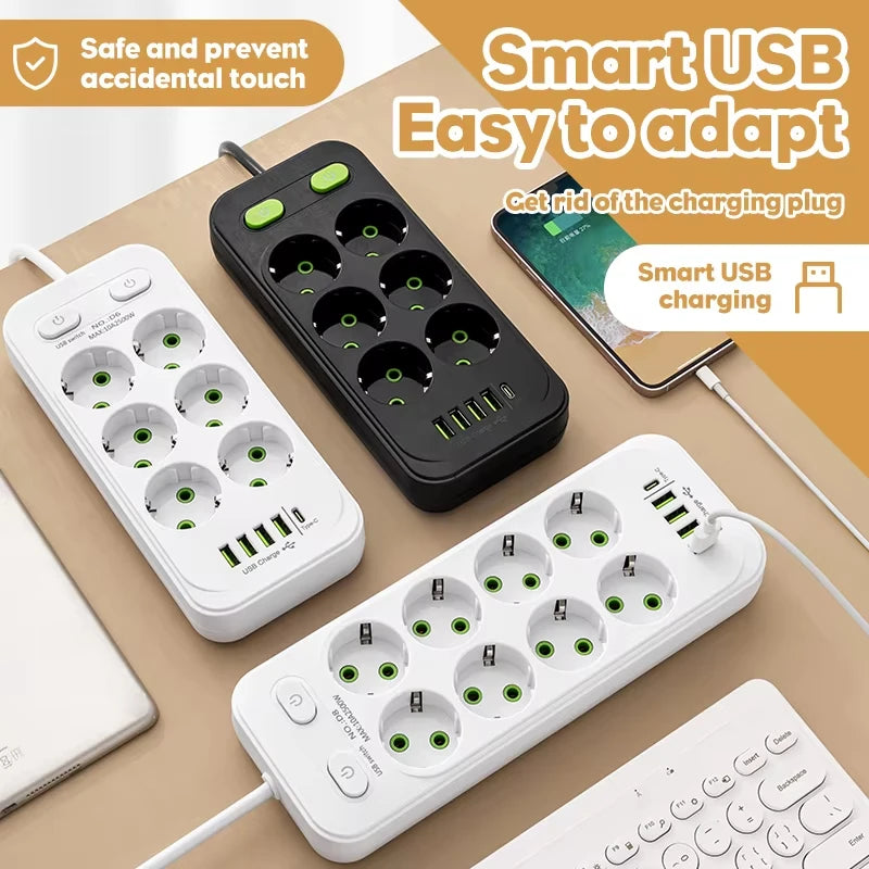 EU Plug AC Outlet Multitap Power Strip 2m Extension Cord Electrical Socket Smart USB Home Office Surge Protector Network Filter
