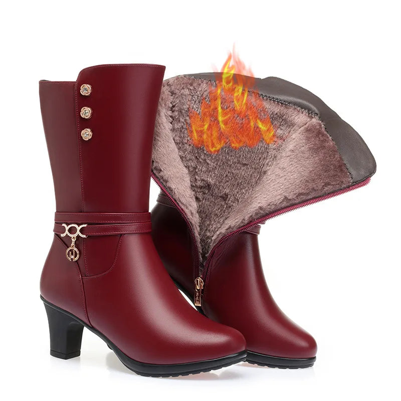 Women Winter Warm Mid Calf Boots Mum Cotton Shoes Metal Decoration Padded Soft Sole Solid Colour Side Zip Rhinestone Shoes