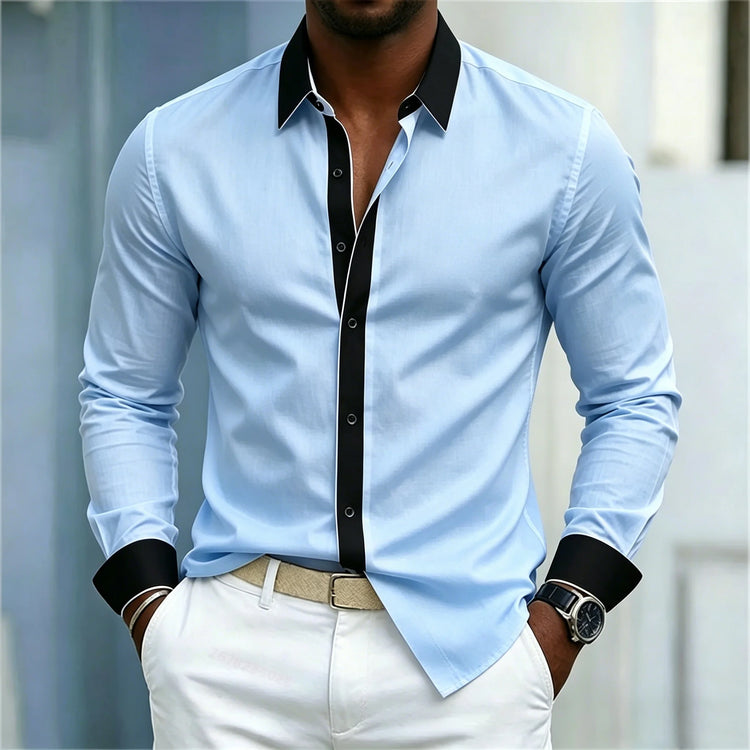 Men's Shirt Black And White Contrasting Splicing Men's Lapel Long Sleeved Shirt Slim Fit Business Casual Men's Top Size