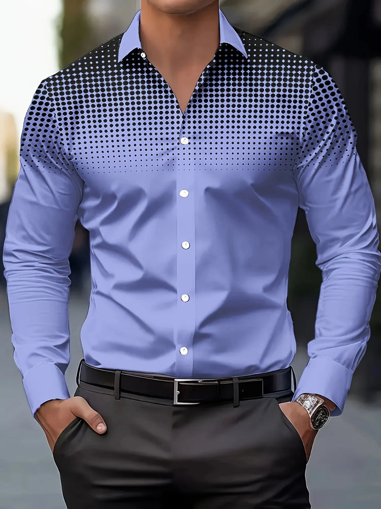 Men's Casual Long Sleeve Button-Up Shirt - Gradient Blue to Gray Print, Polyester, Machine Washable, Classic Collar, Comfort Fit