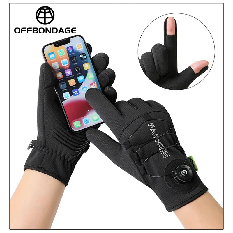OFFBONDAGE Winter Cycling Gloves Thermal Warm Fleece Lined Waterproof Anti-Slip Motorcycle Gloves Adjustable Rotary Buckle MTB