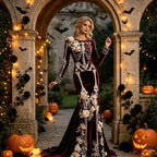 Halloween White Bone Skeleton Embroidered Long Sleeved Dress, Dark Rose Three-dimensional Flower Slimming Holiday Party Dress