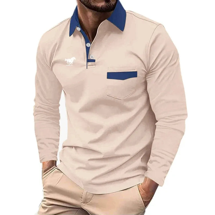 Men's business casual polo shirt, long-sleeved shirt, tight pocket sewn, solid color, sporty, spring and autumn, new