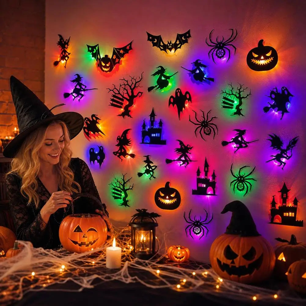 Halloween LED Wall Sticker Light Set Glowing Bat Ghost Silhouette Decals Flickering Creepy Party Decoration ﻿
