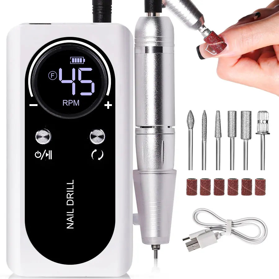 45000RPM Rechargeable Nail Drill Machine with LCD Low Noise Professional Nail Polish Sander Nails Accessories Set
