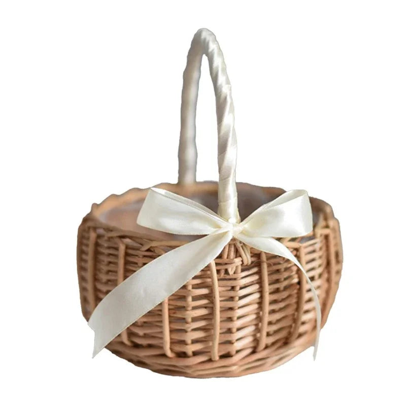 1pc Hand-woven Wedding Flower Basket With Handle Wicker Sundries Basket Wedding Flower Basket For Home Picnic Storage Basket