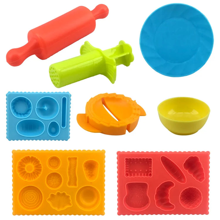 Food Play Dough Molds for Kids Plastics Fruit Vegetable Dumpling Noodle Mold Knife Fork Bowl Plate Playdough Accessories Toys