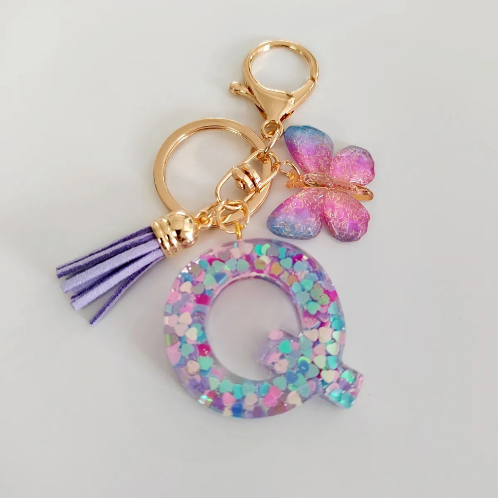 Fashion butterfly Fringe Initial Keychain Drop Glue Blend Sequin A-Z26 Letter Keychain Cute Ladies Student Bag Accessory Gift