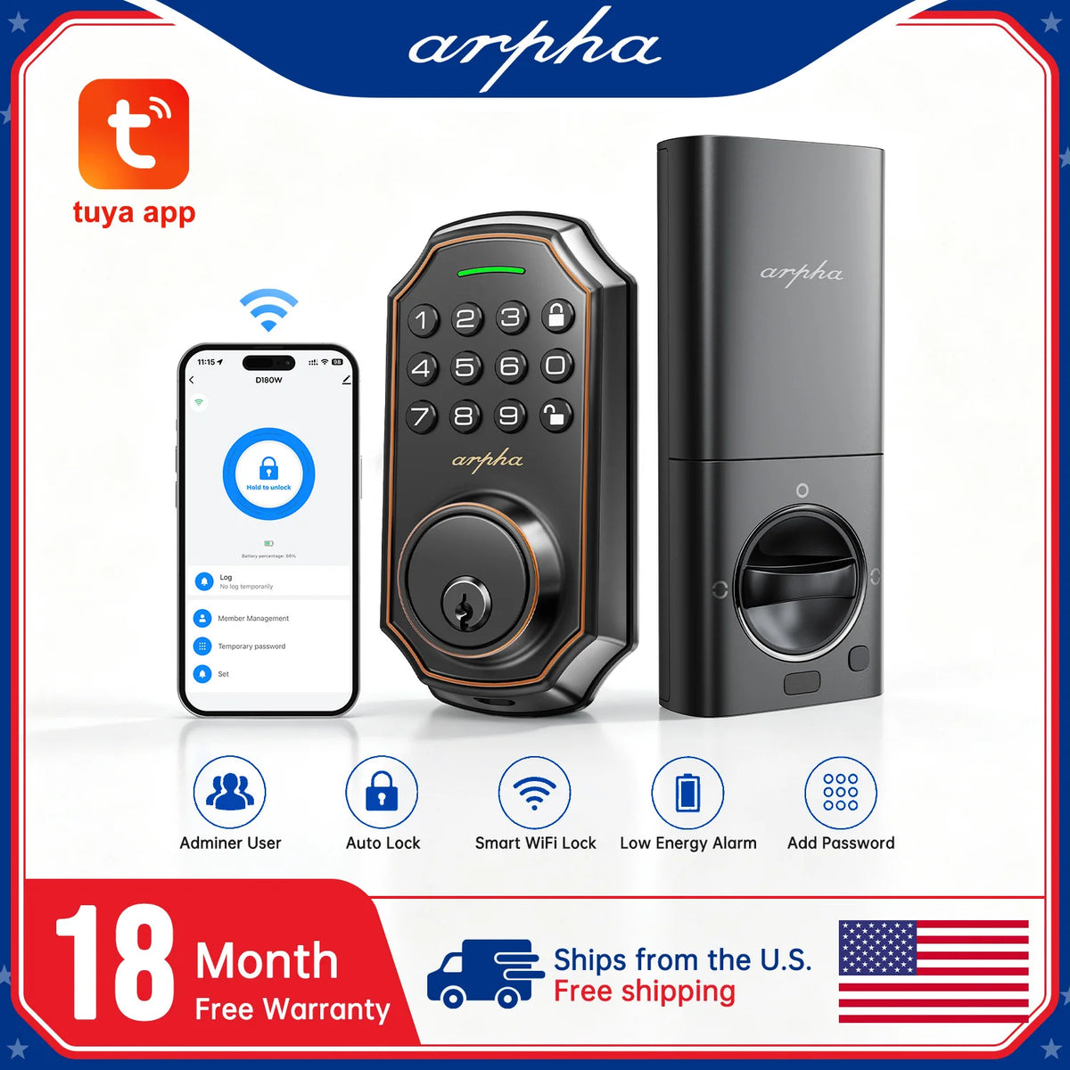 1/2/4PCS Arpha Smart Door Lock Keyless Entry Keypad Electronic Deadbolt WiFi Door Lock with Tuya App Control Auto Lock One-Time Password Anti-Peeping Passcode Battery Powered for Home Front Door
