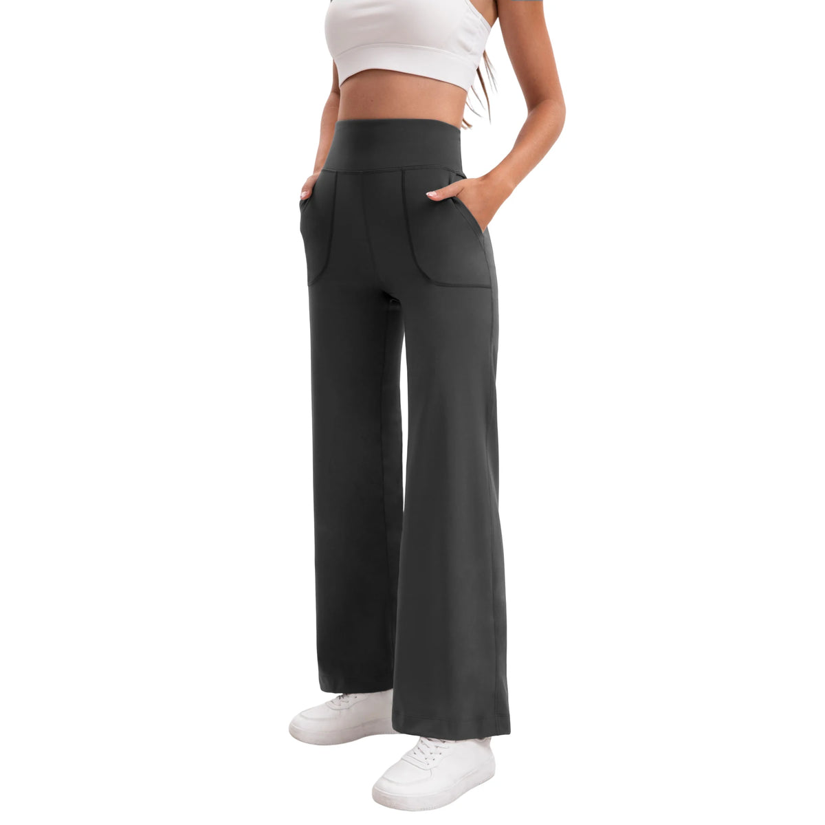 Women's High Waist Flared Yoga Pants Tummy Control M-Line Butt Lifting Two Pockets Stretchy Soft Flowy Workout Office