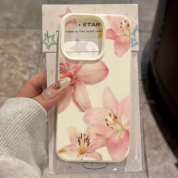 Watercolor Lily Phone Case For iPhone 16 17 15 14 13 12 11 Pro Max Pink Floral Leather Vintage Protective Cover