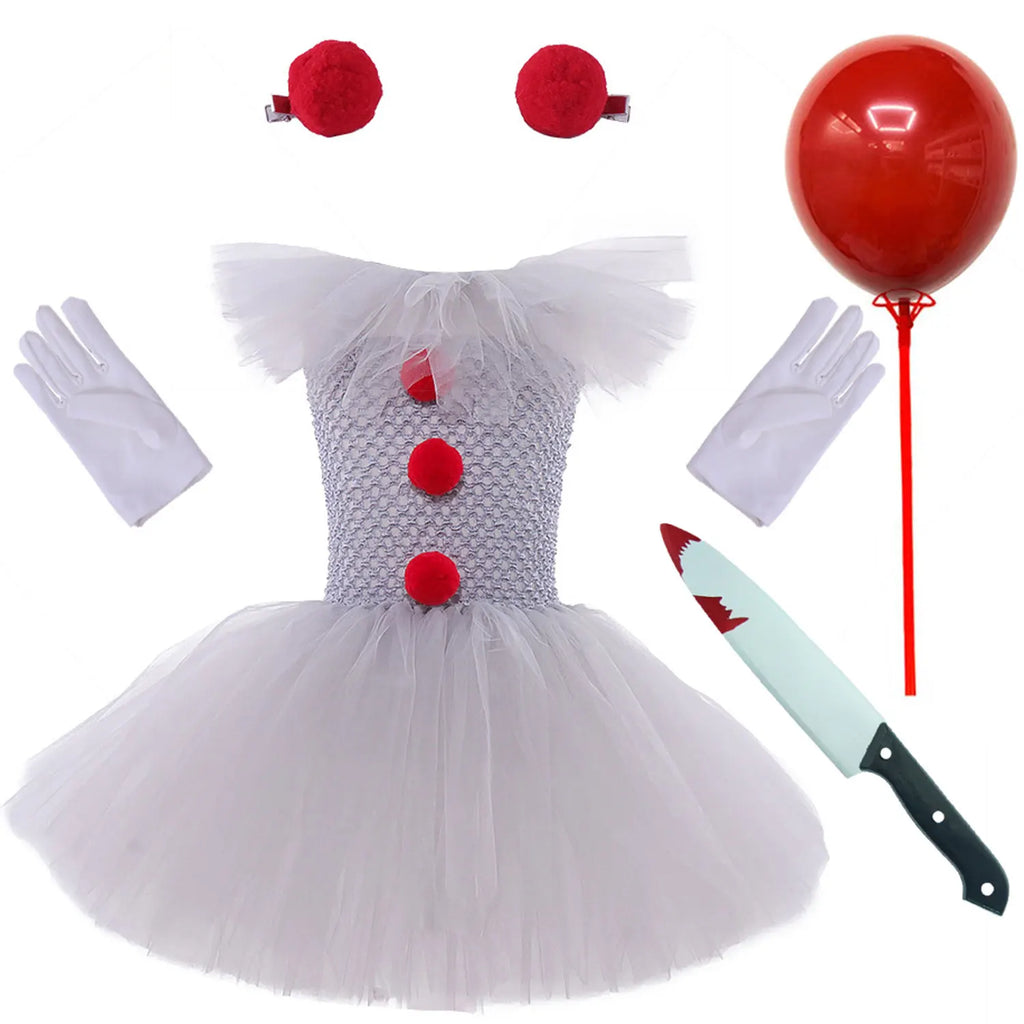 2026 Halloween Trick or Treat Carnival Party White Gray Scary Clown Mesh Fluffy Dress Girl Cosplay Joker Costume Accessories Set