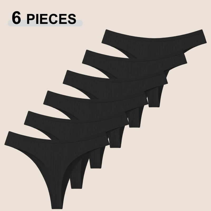 6Pcs/Set Seamless Cotton Thongs Panties For Women Sexy Low Rise Solid Color G-String Underwear Female Ribbed Breathable Lingerie