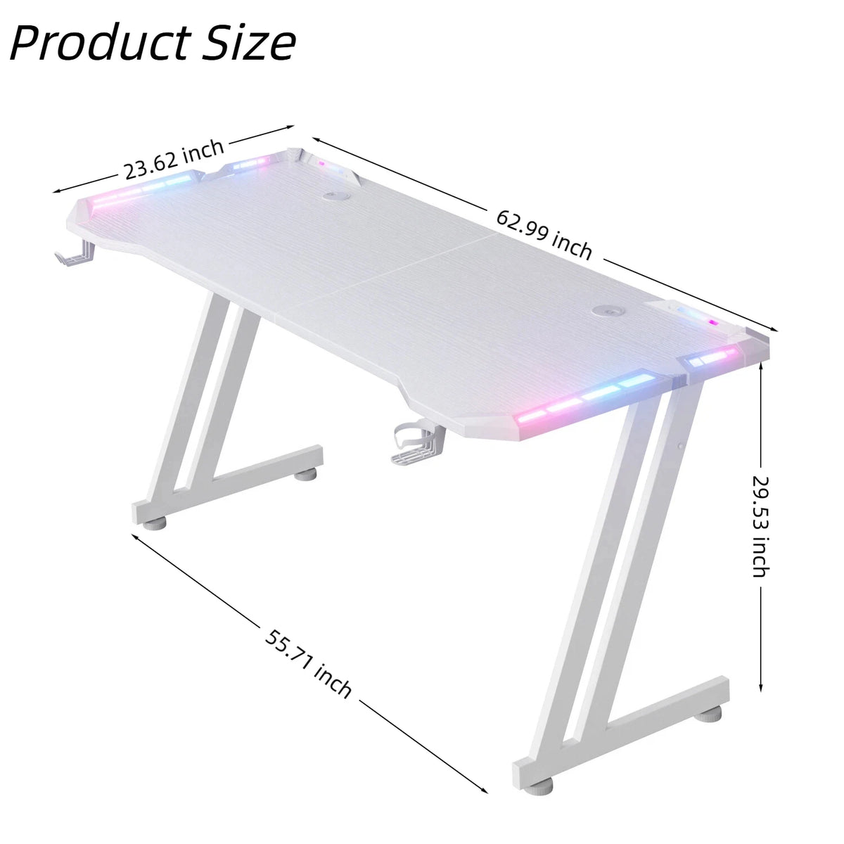 NEBMAAX White Gaming Desk RGB LED Lights Sturdy Z-Frame Workstation with Cup Holder And Headphone Hook for Home Office Gamers