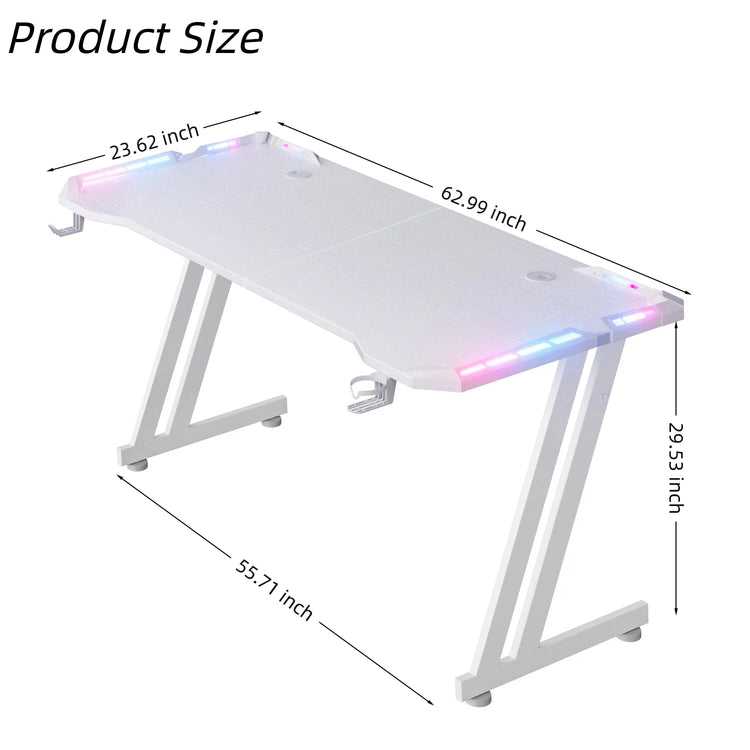NEBMAAX White Gaming Desk RGB LED Lights Sturdy Z-Frame Workstation with Cup Holder And Headphone Hook for Home Office Gamers