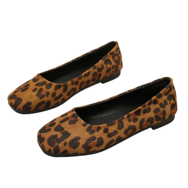 Vintage Leopard Print Square Toe Women Flats Soft Non-slip Sole Slip On Casual Shoes Office Daily Ladies Dress Ballet Shoes