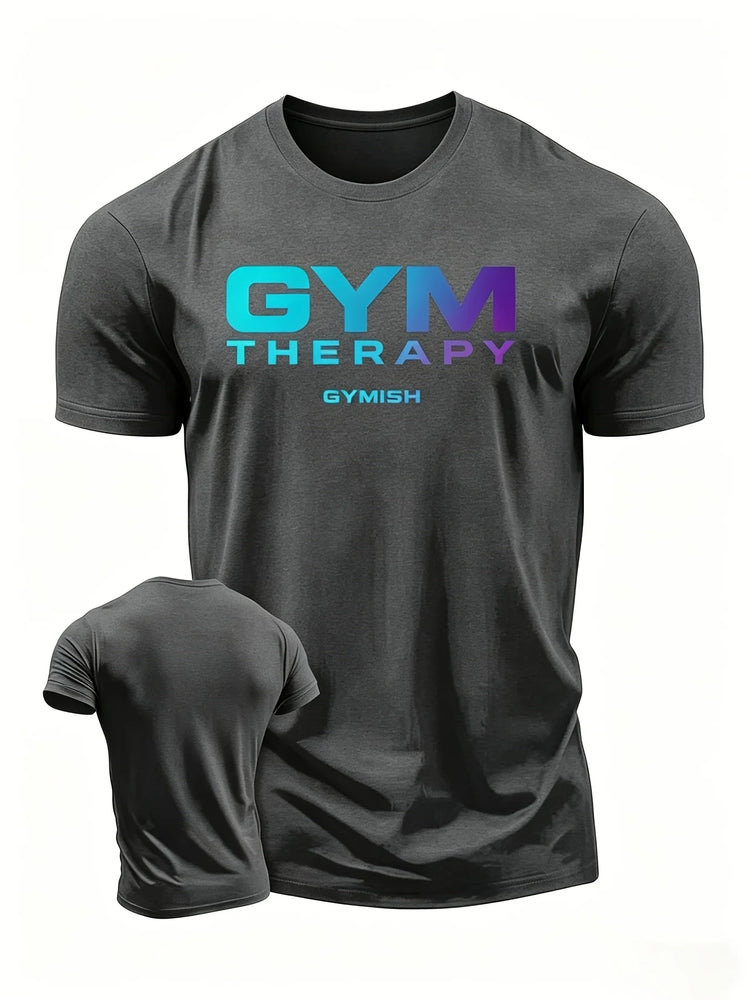 Blue-purple gradient 'GYM THERAPY' simple lowercase letter gym print T-shirt, sporty casual style, slim fit and comfortable