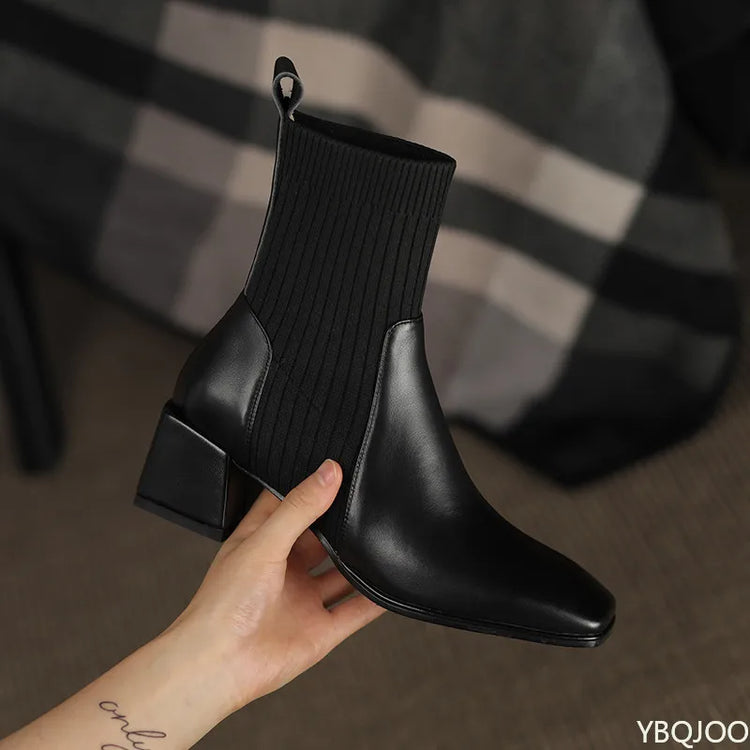 Autumn winter new elegant simple thick heel square toe short boots fashionable versatile shoes casual comfortable women's shoes
