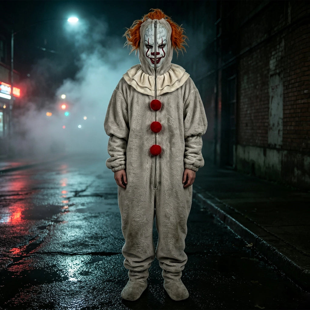 Clown Onesie Costume Cosplay Movie Role-playing Props Clown Cosplay Costume Pajama Sleepwear Halloween Bodysuit for Men Women