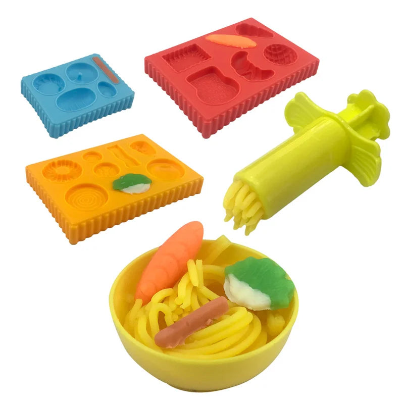 Food Play Dough Molds for Kids Plastics Fruit Vegetable Dumpling Noodle Mold Knife Fork Bowl Plate Playdough Accessories Toys