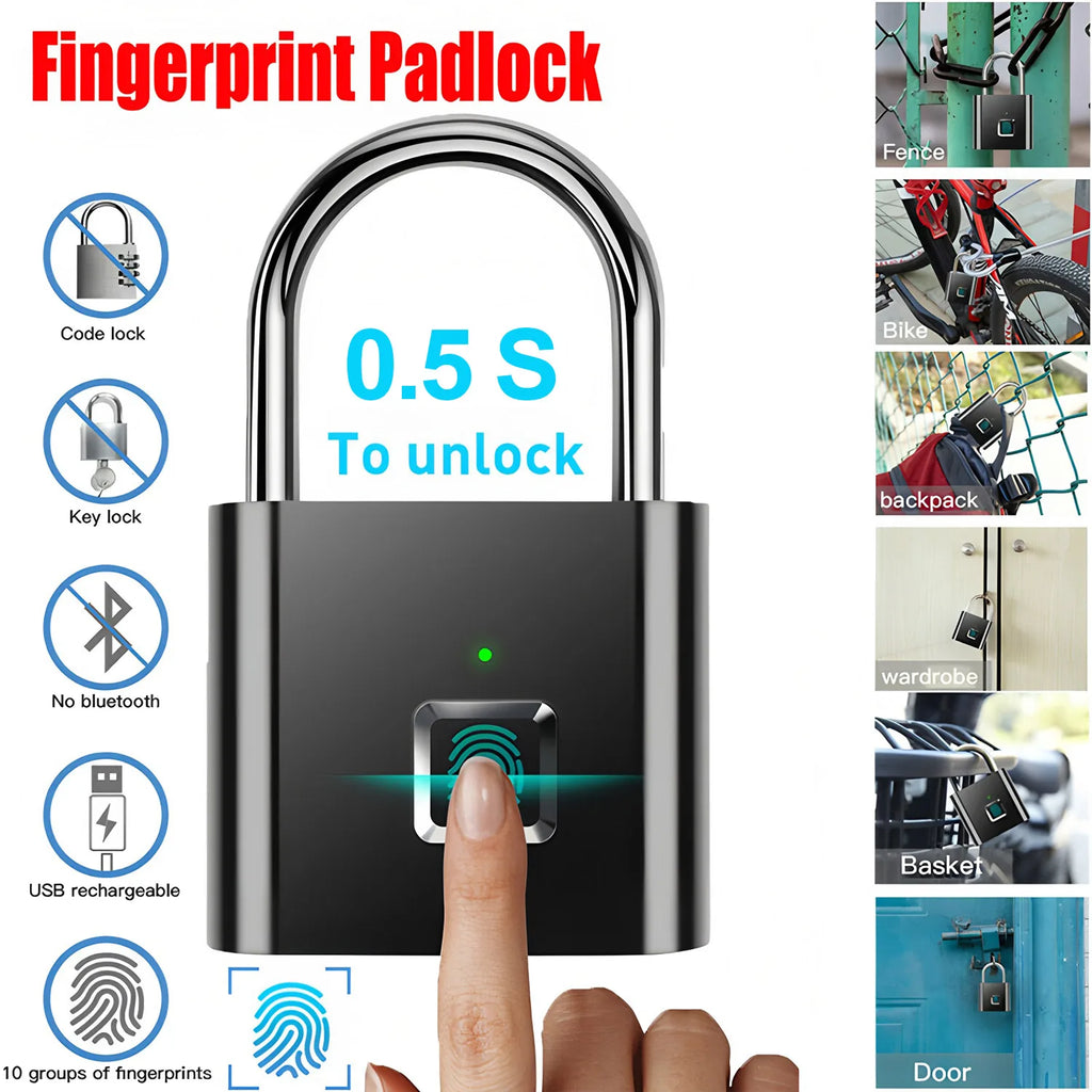 Smart Fingerprint Padlock Waterproof Fingerprint Keyless Door Lock Type C Rechargeable Security Padlock for House