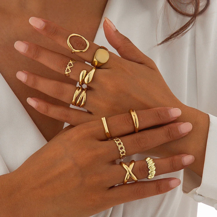 10PCS Fashion Retro Smooth Lrregular Waterdrop Opening Women's Ring Set, Creative Women's Ring Daily Wear Gift, Wholesale Availa