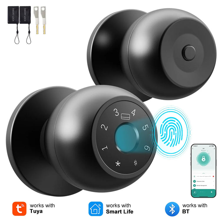 YFK 5-in-1 Smart Door Knob Lock Tuya Bluetooth Fingerprint Password Keypad IC Card Key APP HomeKey Black