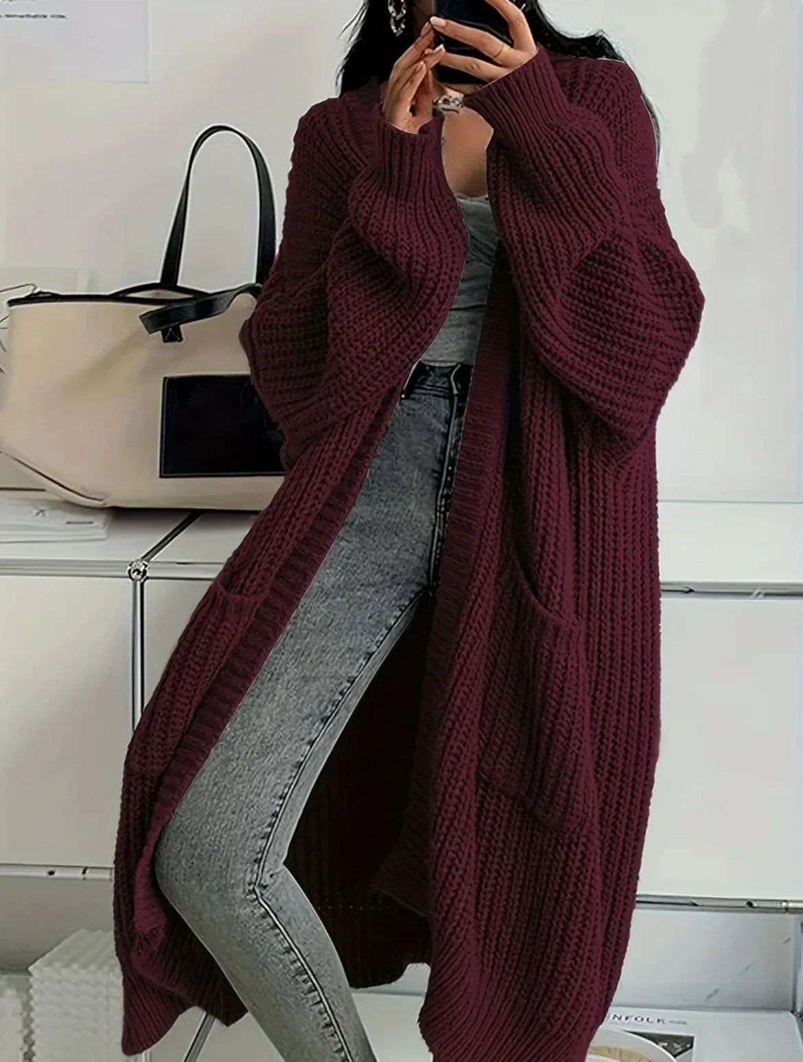 Women Oversized Maxi Cardigan Knitted Sweater Coat With Pockets Autumn Winter Casual Loose Long Sleeve Sweater Outwear Ladies