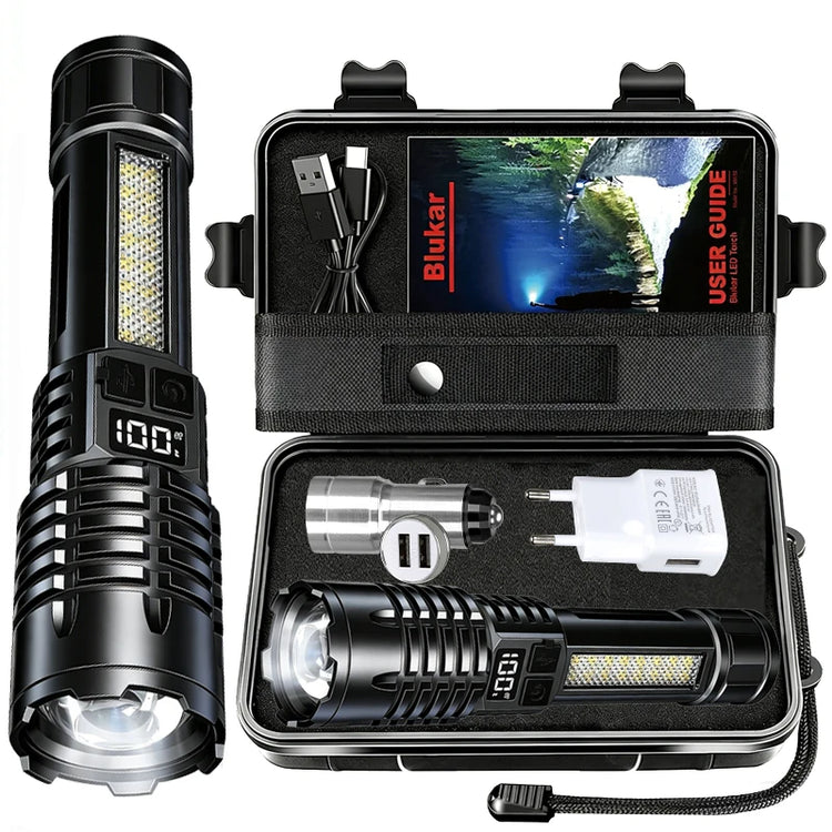 High Power LED Flashlights With Display Screen Zoom Tactical Torch Portable Rechargeable Lamp with Emergency Side Light Lantern