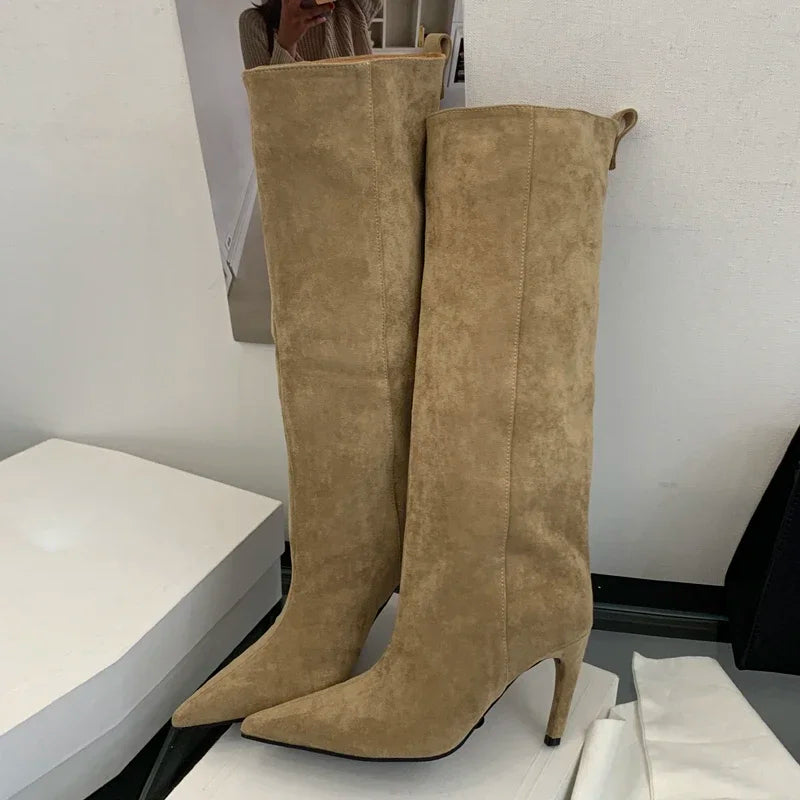 Aneikeh Fashion Winter Pointed Toe Knee-High Women Boots Thin Heels Shoes Female Punk Long Booties Zapatos De Muje
