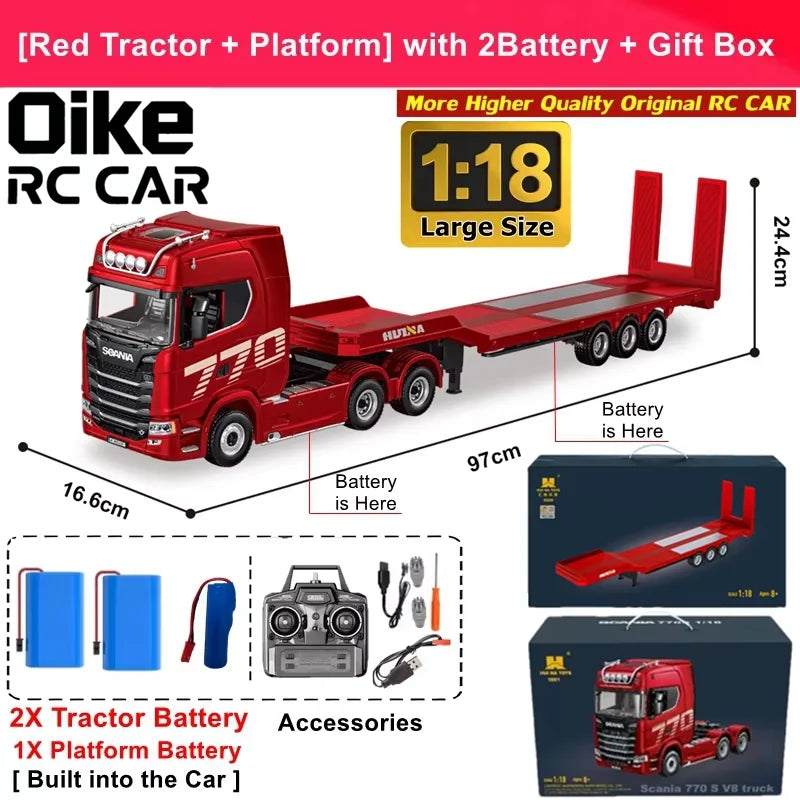 Remote Control Truck HUINA 1501 4WD RC Semi Trailer Car Heavy Duty Tractor with Light Sound 4X4 Off Road Tank Vehicle Model Toy