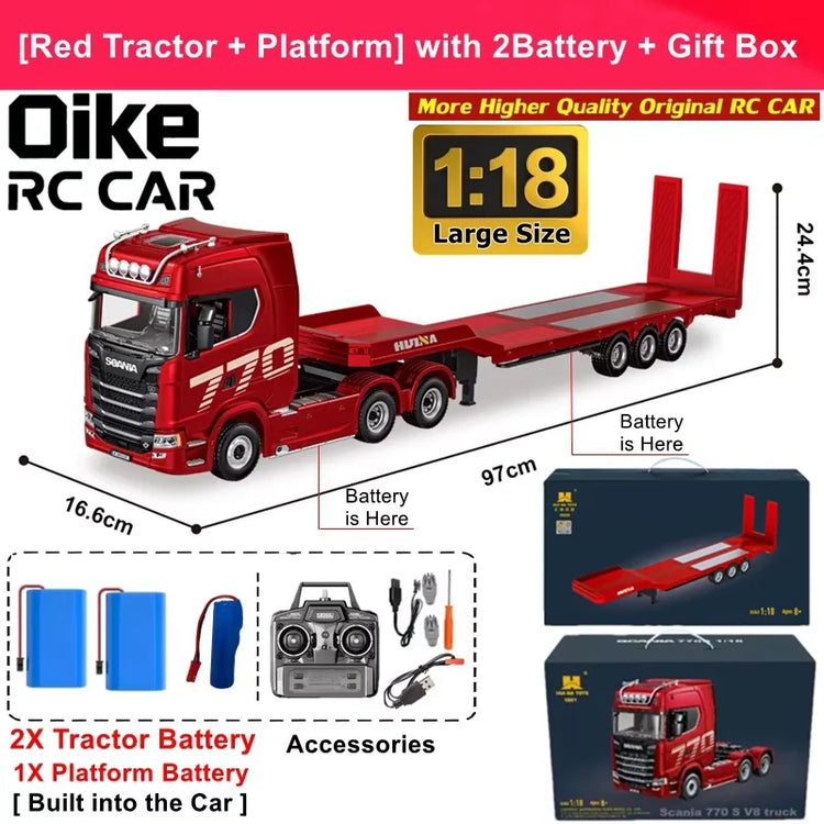 Remote Control Truck HUINA 1501 4WD RC Semi Trailer Car Heavy Duty Tractor with Light Sound 4X4 Off Road Tank Vehicle Model Toy