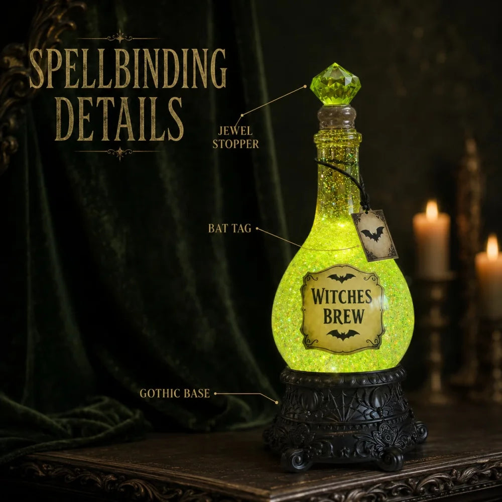 Funny Witches' Brew Potion Bottle Glitter Globe with Led Lights Resin Sparkling Powder Bottle Crafts Halloween Party Decoration