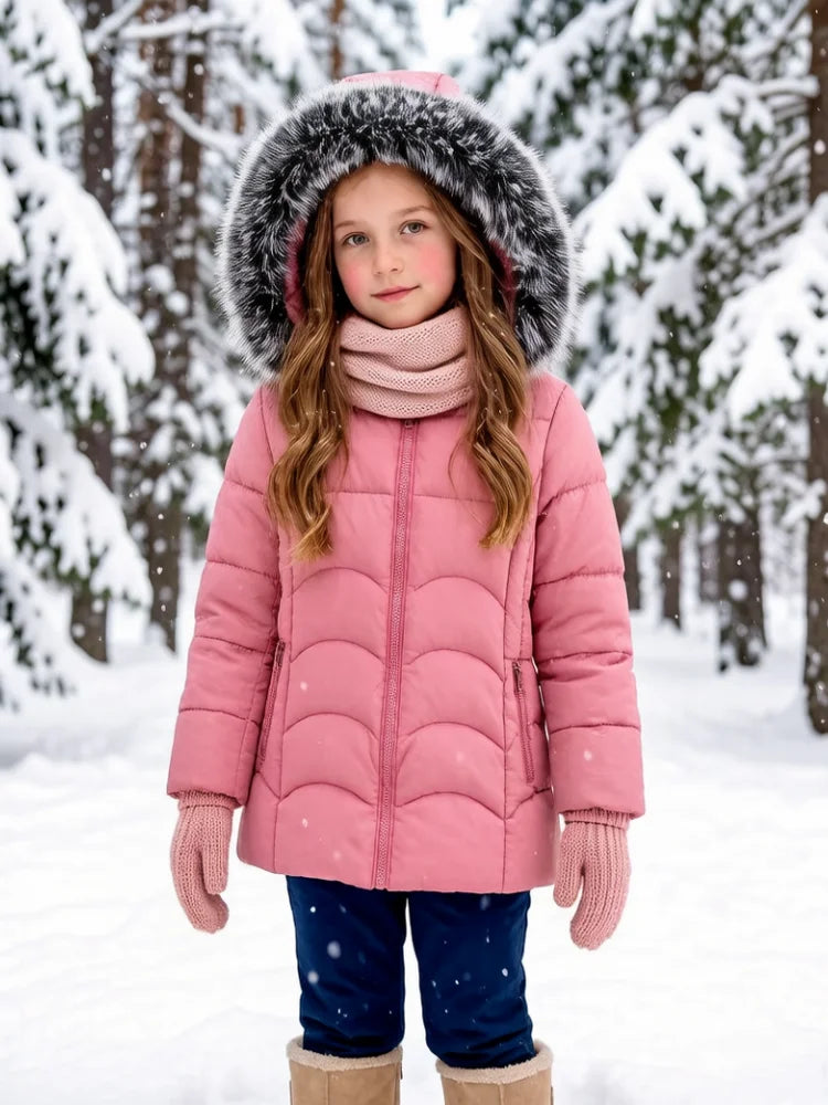 Big Kids Girls Winter Fur Collar Puffer Coat Slim Fit Thickened Warm Hooded Cotton Padded Casual Outdoor Children Outerwear New