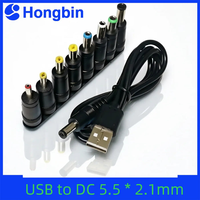 Universal Power Cable USB to DC 5.5 * 2.1mm Jack 5V Charging Cord with 8 Selectable Connector Tips for CCTV Cameras TV Box