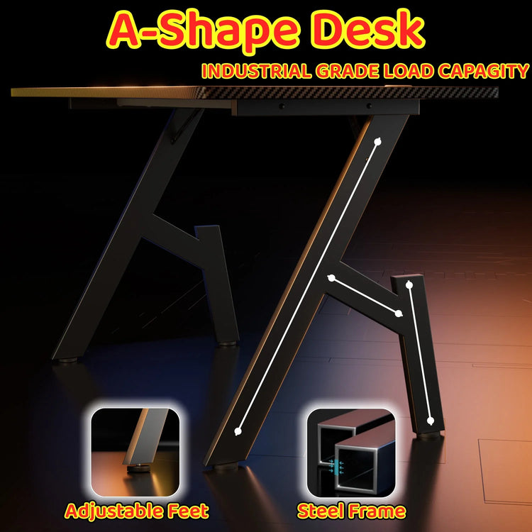 80/100/120/140cm Gaming Desk, A-Shaped Office Desk with Cup Holder Headphone, Modern Carbon Fiber Mesa Gamer for Home Office