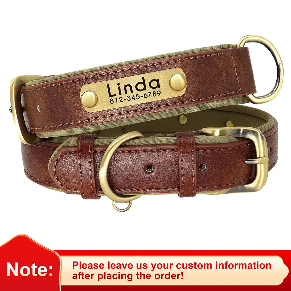 Customized PU Leather Nameplate Dog Collar Soft Padded Dogs Collars Free Engraving Name for Small Medium Large Dogs Adjustable