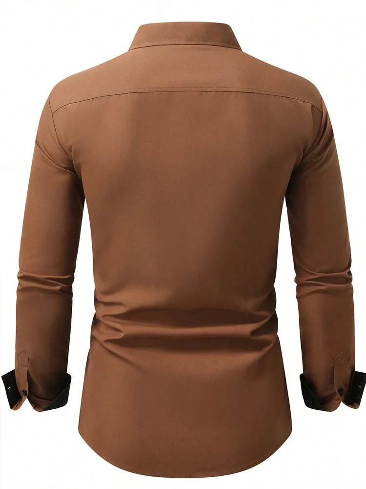 Men's Casual Business Long-sleeved Shirt, British Style Double Button Shirt, Slim Long-sleeved Lapel Shirt